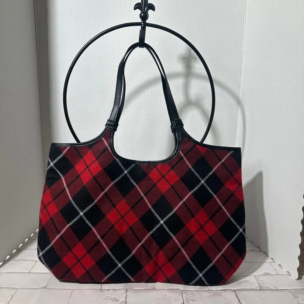 Victoria's Secret Plaid Flannel Tote Bag Black Red White Large Shoulder Bag‎